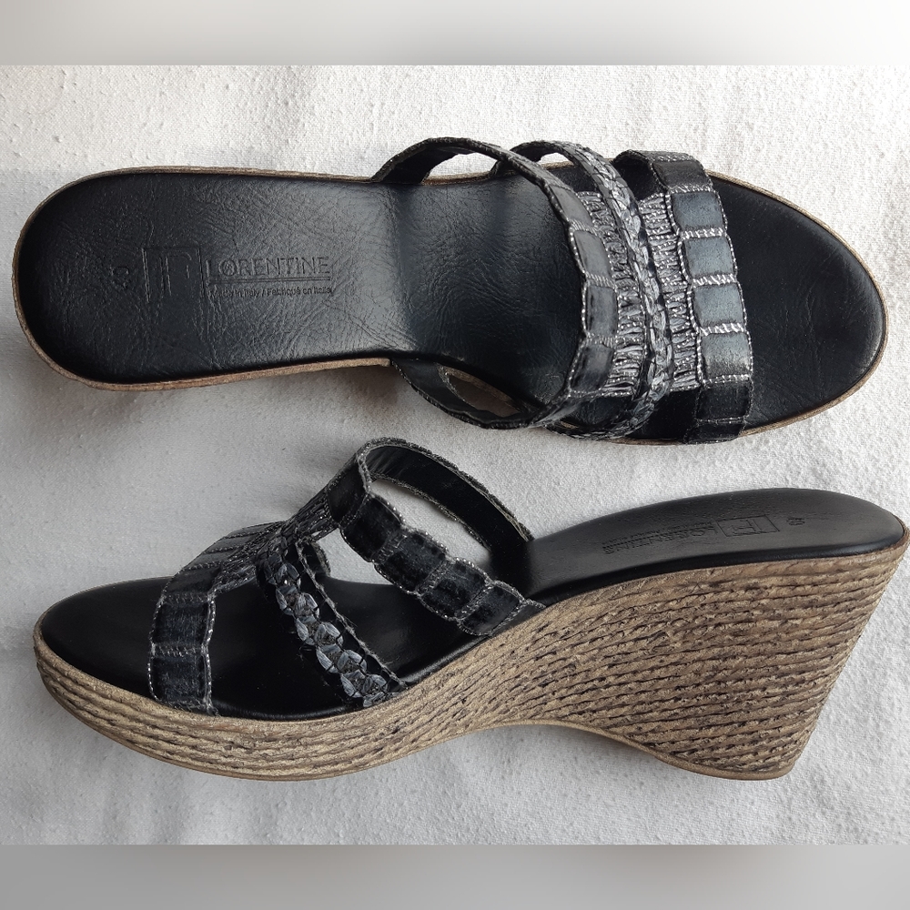 Black and Raffia Wedge Sandals for Women
